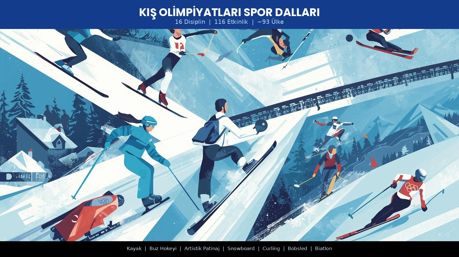 Kış olimpiyatları spor dalları: Kayak, buz hokeyi, artistik buz pateni, snowboard, bobsled ve biatlon branşlarını gösteren buzlu tonlarda illüstrasyon