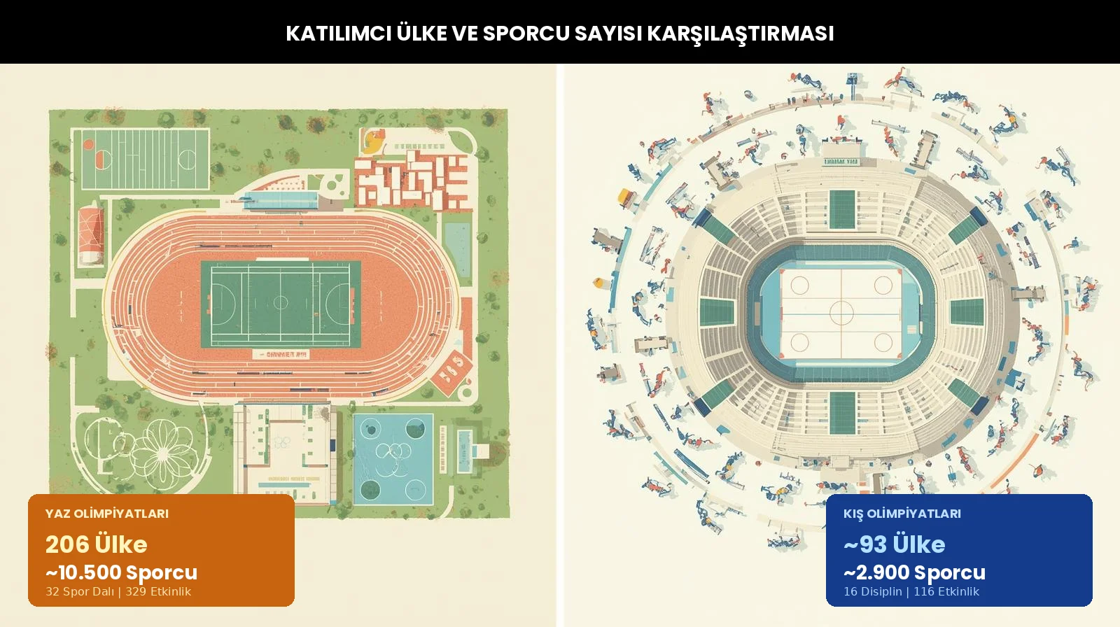 Yaz ve kış olimpiyatları katılım farkı: Geniş yaz olimpiyat kompleksi ile daha kompakt kış buz hokeyi arenasının kuşbakışı karşılaştırması