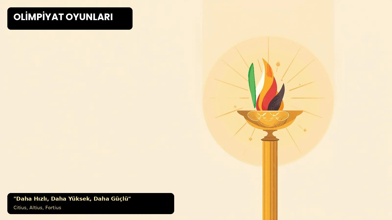 Olimpiyat meşalesi: Mavi, sarı, siyah, yeşil ve kırmızı olimpik renklerde stilize alevli meşale illüstrasyonu