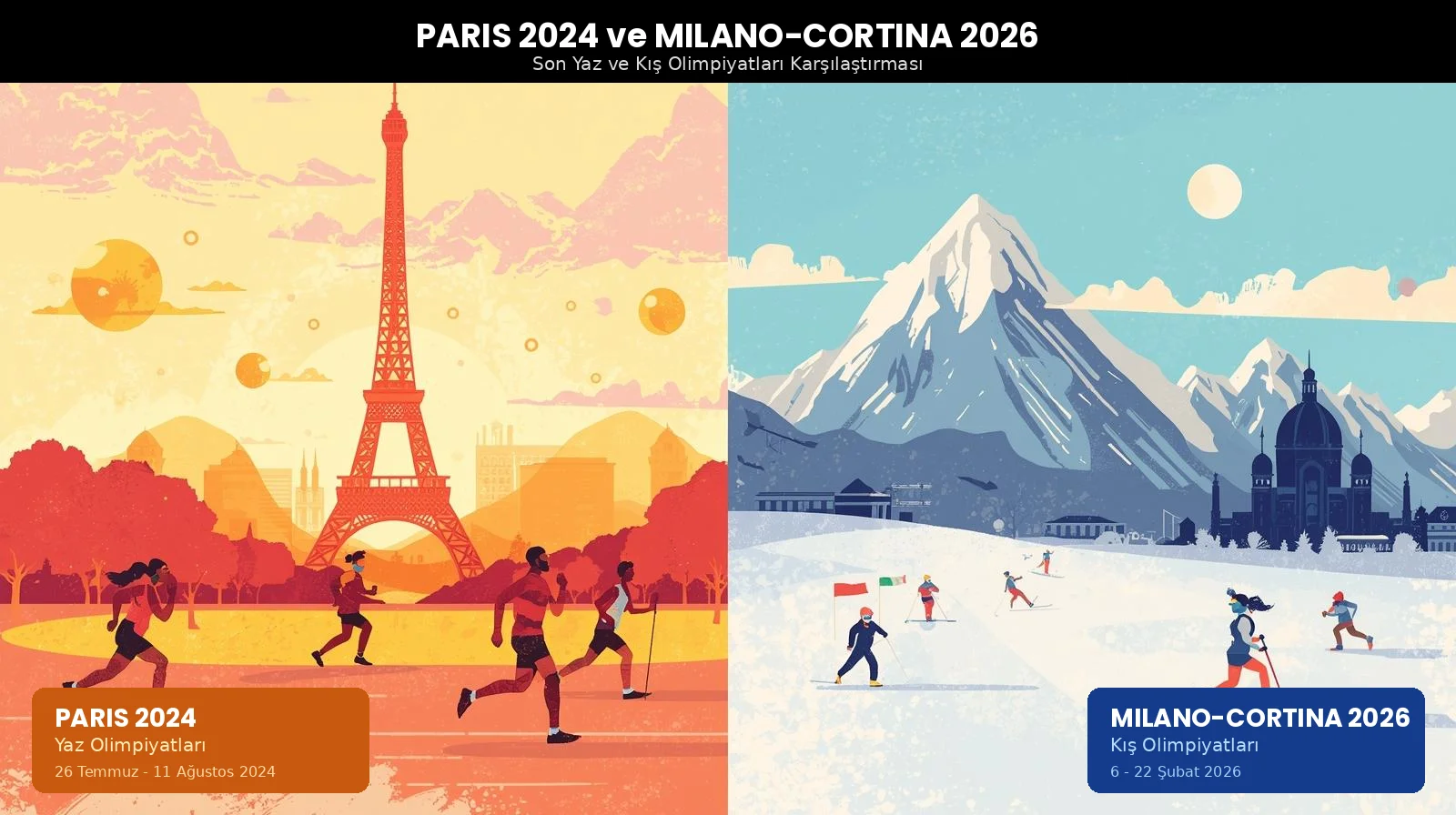 Son olimpiyatlar karşılaştırması: Sol tarafta Paris 2024 Yaz Olimpiyatları Eyfel Kulesi manzarası, sağ tarafta Milano-Cortina 2026 Kış Olimpiyatları Alp dağları manzarası