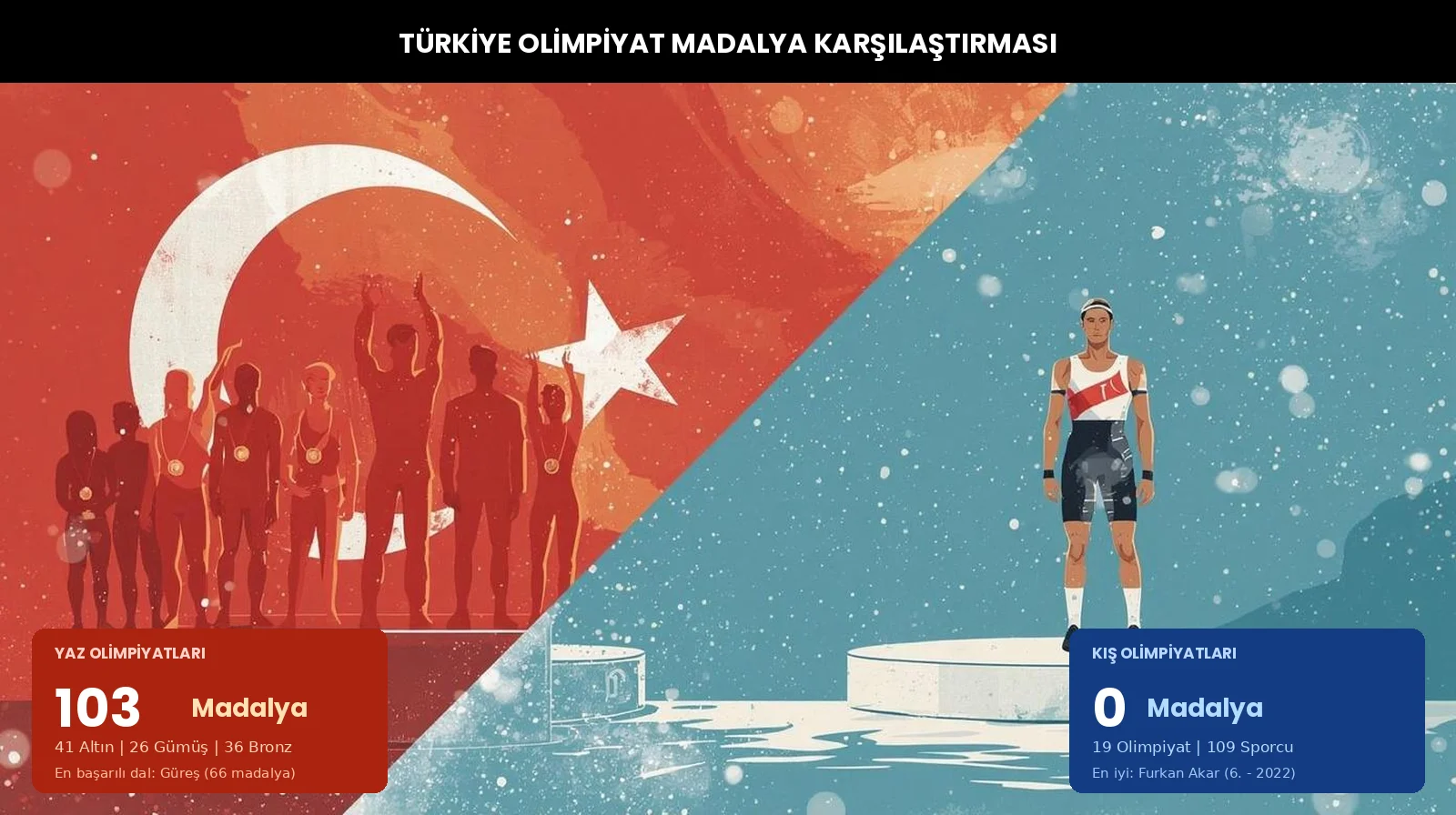Türkiye olimpiyat madalya karşılaştırması: Yaz olimpiyatlarında kalabalık podyum ve madalyalı sporcular, kış olimpiyatlarında tek başına duran sporcu figürü