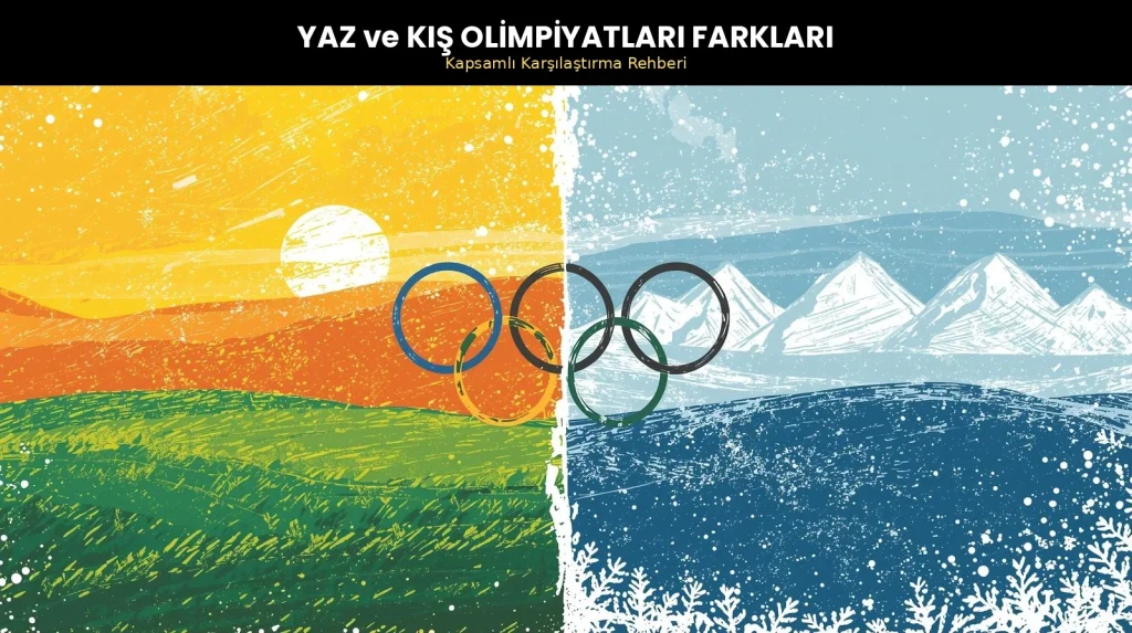 Yaz ve kış olimpiyatları farkları: Sol tarafta güneşli yaz manzarası, sağ tarafta karlı kış dağları ve ortada olimpiyat halkaları