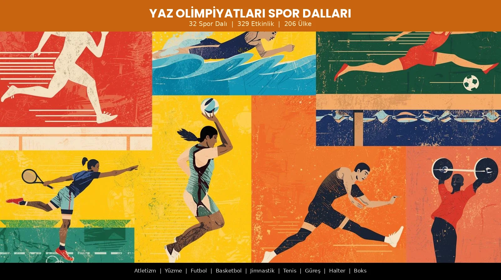 Yaz olimpiyatları spor dalları: Atletizm, yüzme, futbol, tenis, voleybol, halter ve güreş branşlarını gösteren renkli illüstrasyon